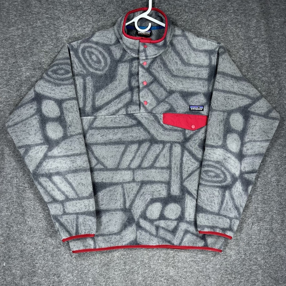 Patagonia Synchilla Fleece Pullover Mens L Gray Geometric Print Snap-T